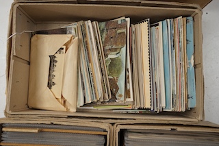 Four boxes of Edwardian and later postcards, some divided into categories including horses, lighthouses, railways, royalty, dogs, aviation, greetings, etc. Condition - fair to good.